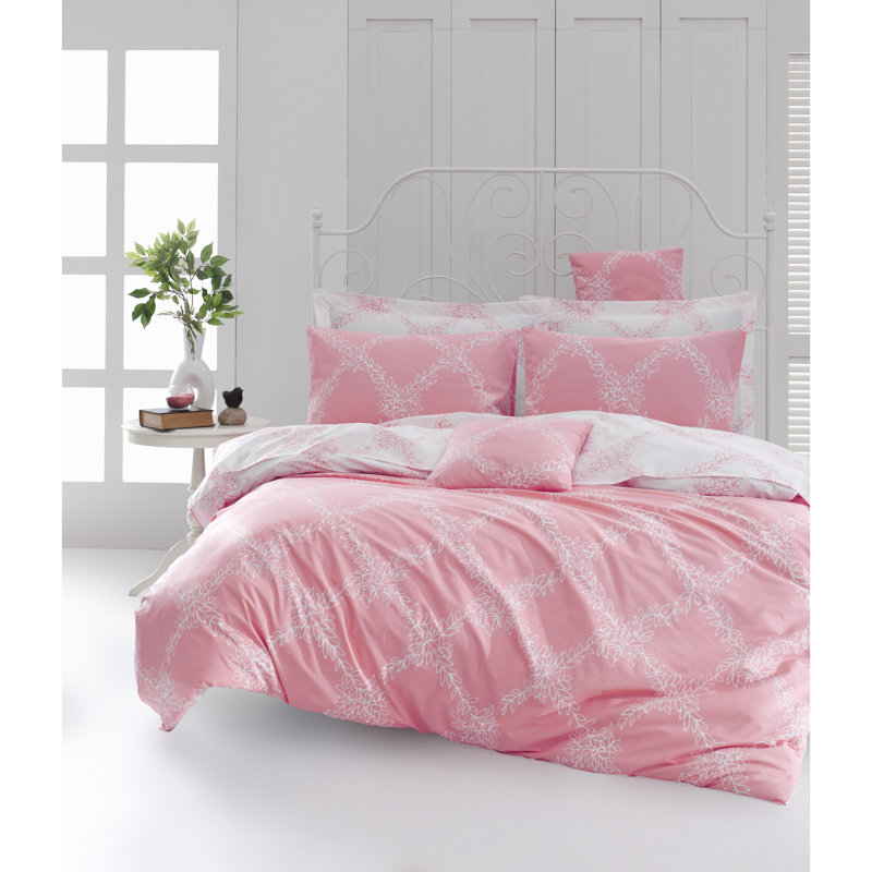 Ensemble de housse de courtepointe luxueuse Ranforce double, 87 x 87, 100% coton, rose et blanc avec des accents bleu foncé | Impression de pigments, lavable à la machine, densité de tissage de 142 fils, housse de couette et enveloppe à boutons | Él?