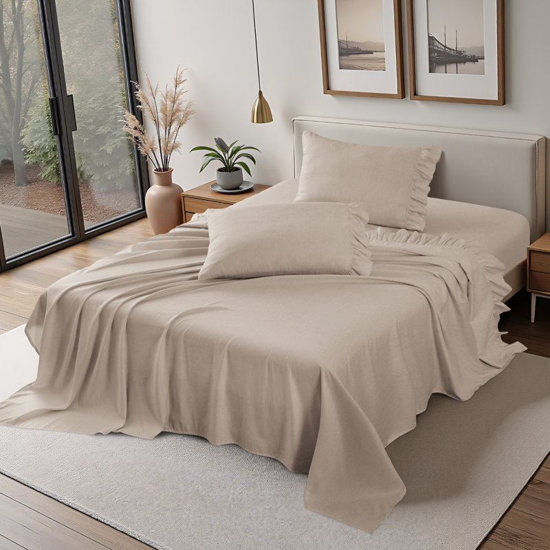 Shabby Chic Printed Pin Stripe Sheet Set, Taupe, Queen