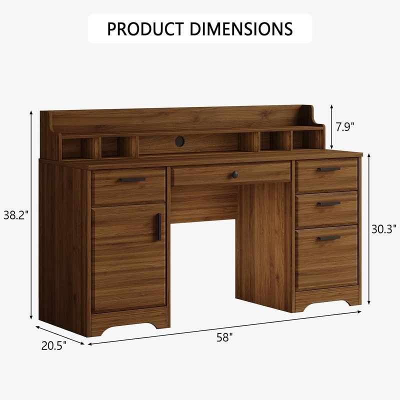 Executive Desk with Hutch, 58 Inch Computer Desk with 5 Drawers, Brown