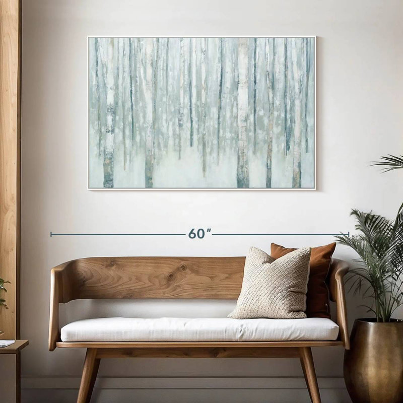 Bouleaux en bleu-gris d'hiver, Cadre flottant blanc, 46 po x 31 po