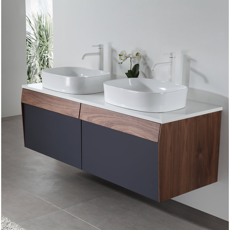 Ronda 55'' W Double Wall-Mounted Vanity, Light Brown/Dark Blue