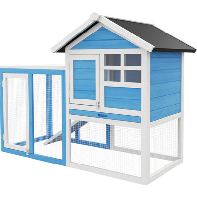 48 po, bleu, toit en asphalte toutes saisons, bois, intérieur et extérieur, cage à lapin en bois à plateau amovible - avec toit, grande surface de jeu, bleu
