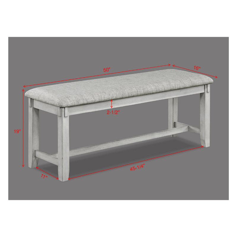 Banc blanc antique et gris avec finition en bois de grève et siège en tissu confortable pour les repas avec pieds en tissu d'ameublement gris de style contemporain