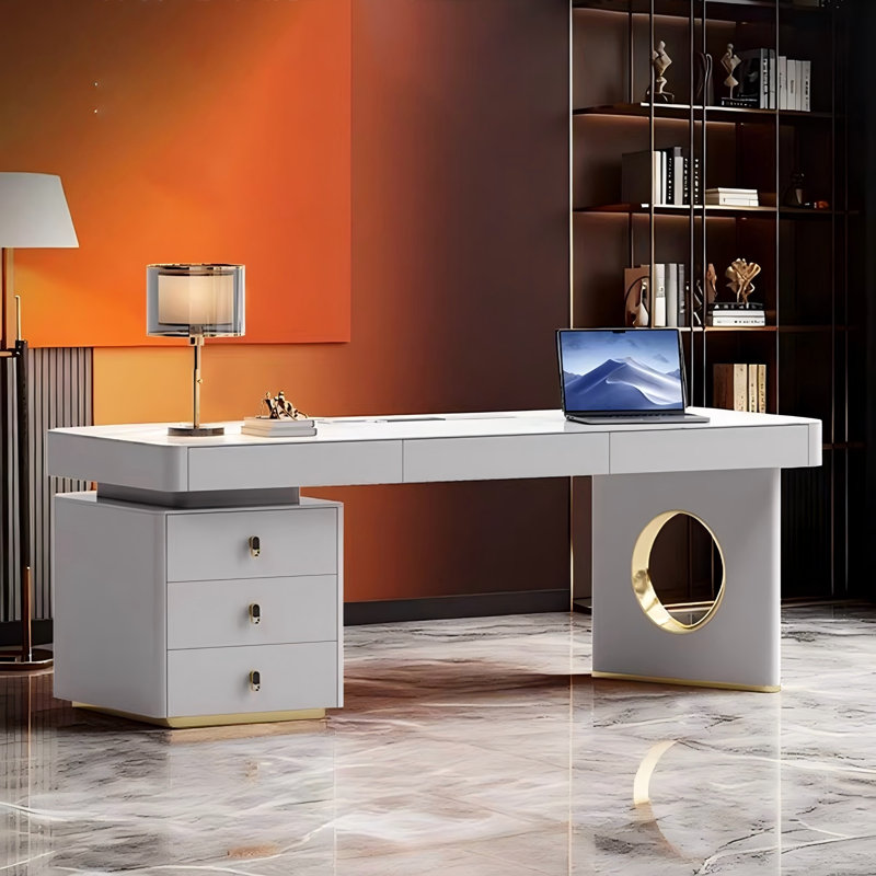 Rectangle White Sintered Stone Desktop Modern Desk, 29.53" H x 70.87" W x 27.56" D