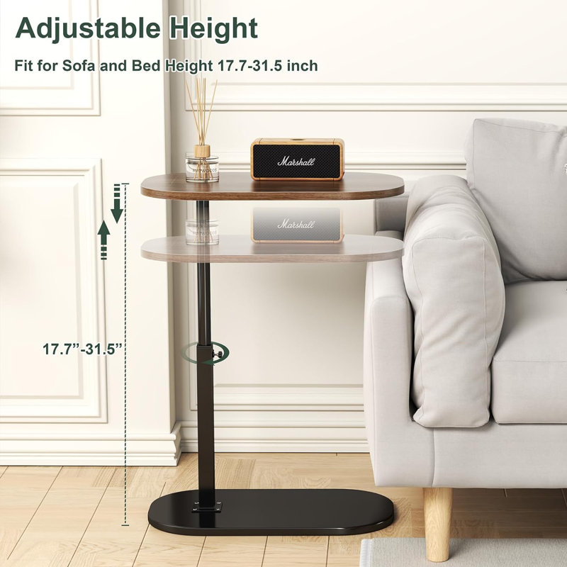 Adjustable Walnut and Black Metal C-Shaped Side Table