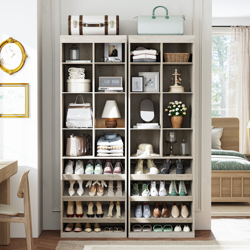 Modular Storage 23.6" W x 78.7"H  with Shelf and Cubies, Shoe Storage Cabinet Wood Closet System, Beige