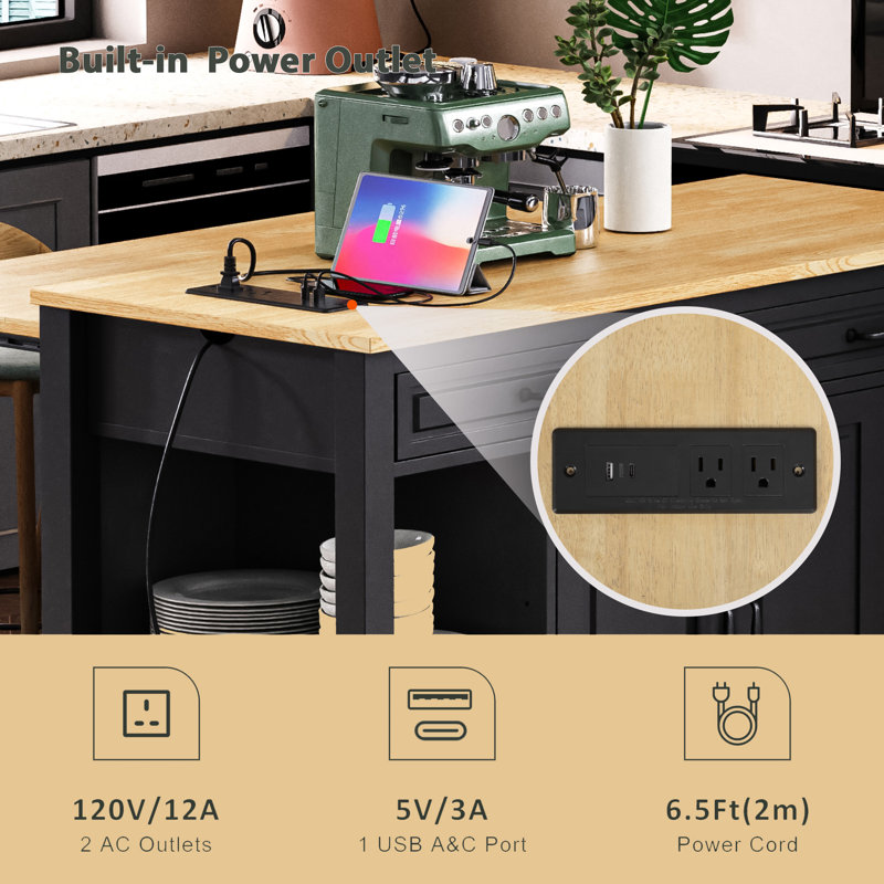 47-Inch Kitchen Island With Extendable Dining Table With Interior Storage Shelves, Electrical Outlet Black