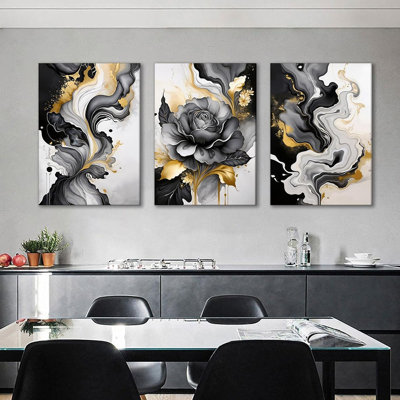 3Pcs Black And Gold Abstract Canvas Wall Art Modern Black Grey And Gold Marble Wall Decor Pictures Minimalist Foil Fluid Texture Posters Prints For Living Room Bedroom Office Home Decoration