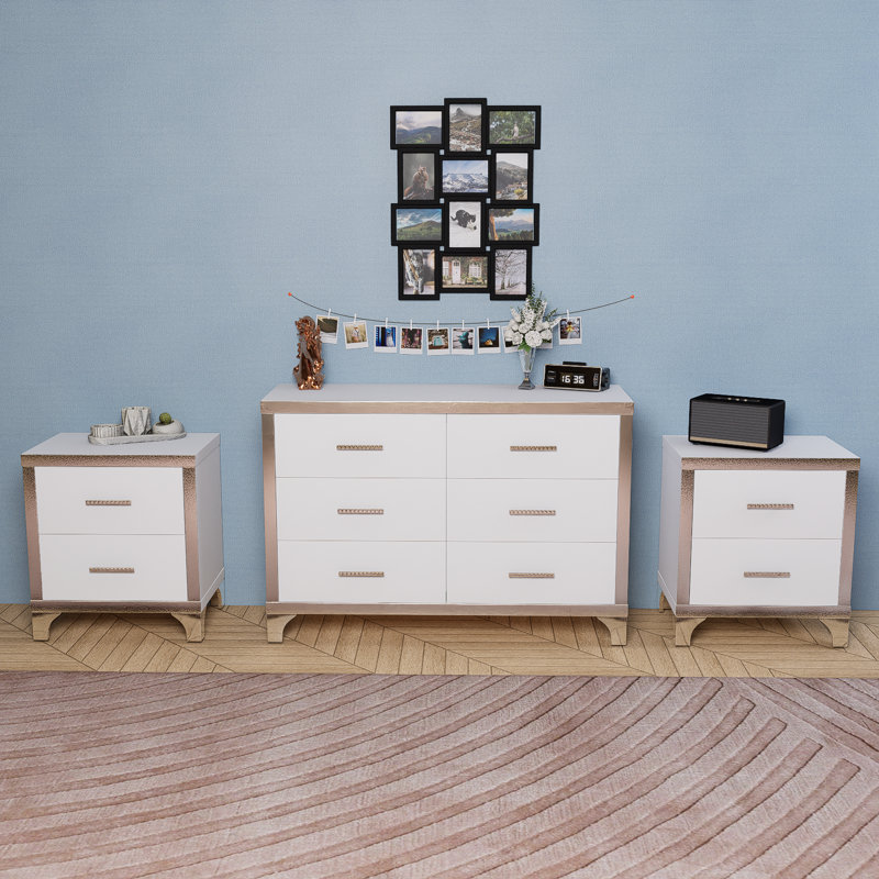 White 3-piece Set, Dressing Table And Two Bedside Tables With Metal Handles And Mirror Decoration, Elegant And Subtle