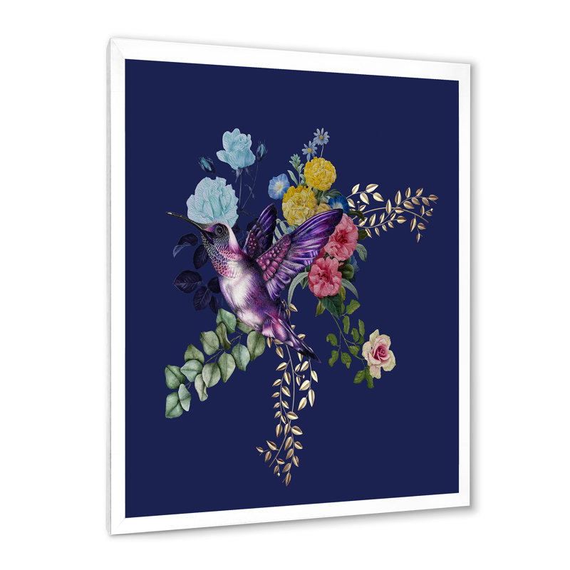 Petit oiseau sur un bouquet coloré de fleurs sauvages I - Impression sur toile, H 32 po x l 16 po x P 1 po, Cadre photo blanc