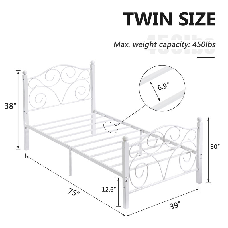Mouin 2-Piece Metal Twin Bed Frame Set with Decorative Headboard and Footboard, Victorian Style White Platform Bed with Heavy-duty Slats Support, No Box Spring Needed