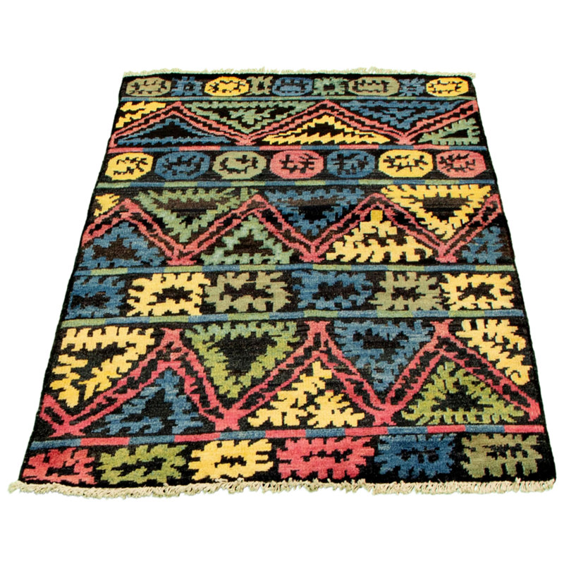 Tapis décoratif noir en laine de conception unique 4 pi x 5 pi 9 po noué à la main New Age