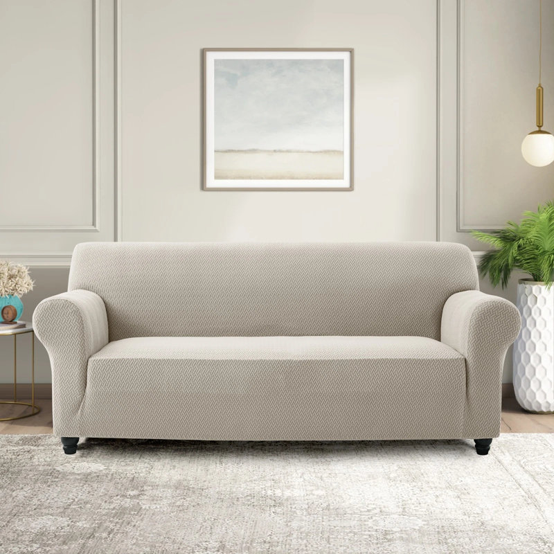 Spandex Stretch Sofa Cover - Jacquard Pattern Sofa Slipcover & Furniture Protector, 179cm W x 280cm D (3 Seater), Beige