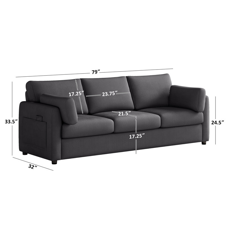 79" Striped Corduroy Upholstered 3 Seater Sofa With Armrest Pockets, Gray