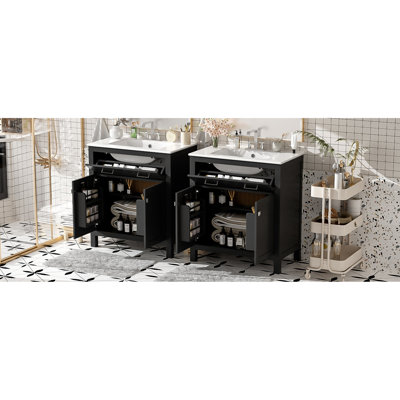 Meuble de salle de bain moderne de 152 cm (60 po), double lavabo, lavabos en céramique, tablette réglable, charnières à fermeture douce, tiroir rabattable - Meuble-lavabo raffiné aux portes à fermeture silencieuse, design sophistiqué.
