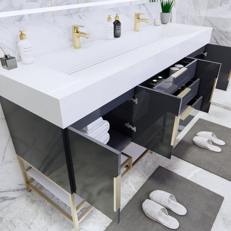 Ensemble de meuble-lavabo double 72 po Glasgow, Gris foncé à haute brillance, Blanc