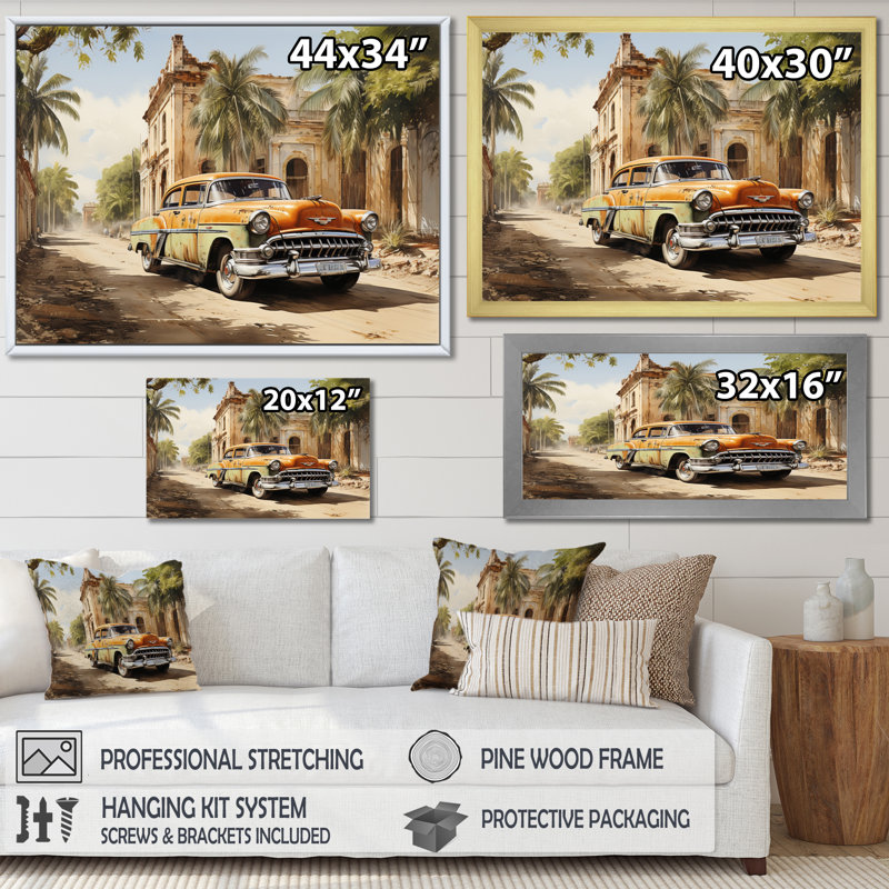 Orange Classic Cuban Car - Transportation Canvas Art Print, H 30 po x l 40 po x P 1,5 po, Cadre simple noir