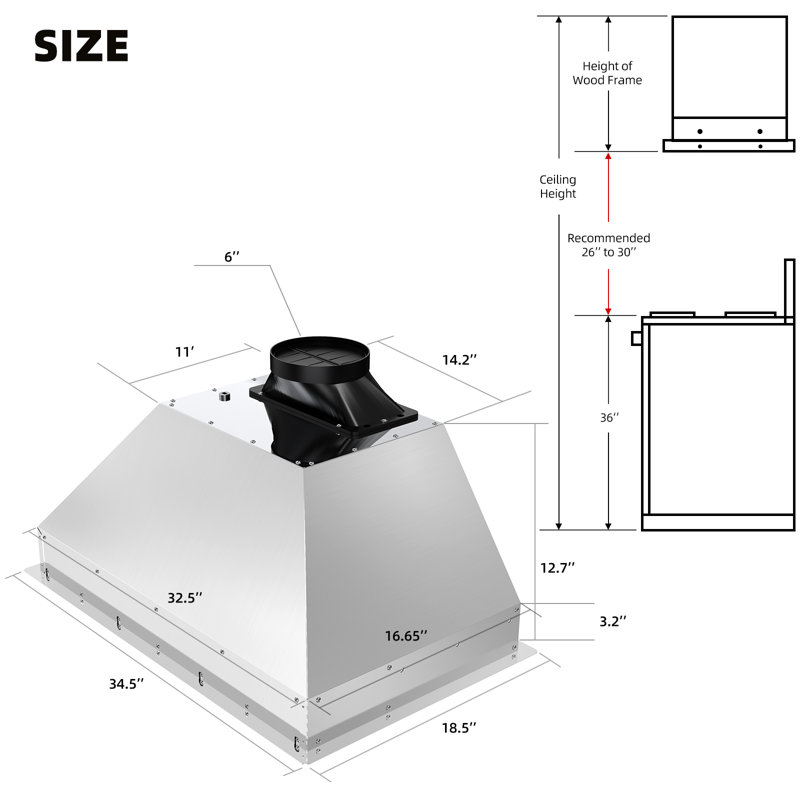 Hotte encastrée convertible BRANO 900 avec filtre à chicane et lumière incluse