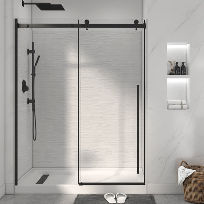 Fast-Assembly 56" - 60" W x 76" H Single Sliding Frameless Shower Door with 3/8"(10mm) Clear Tempered Glass, Stainless Steel Accessories