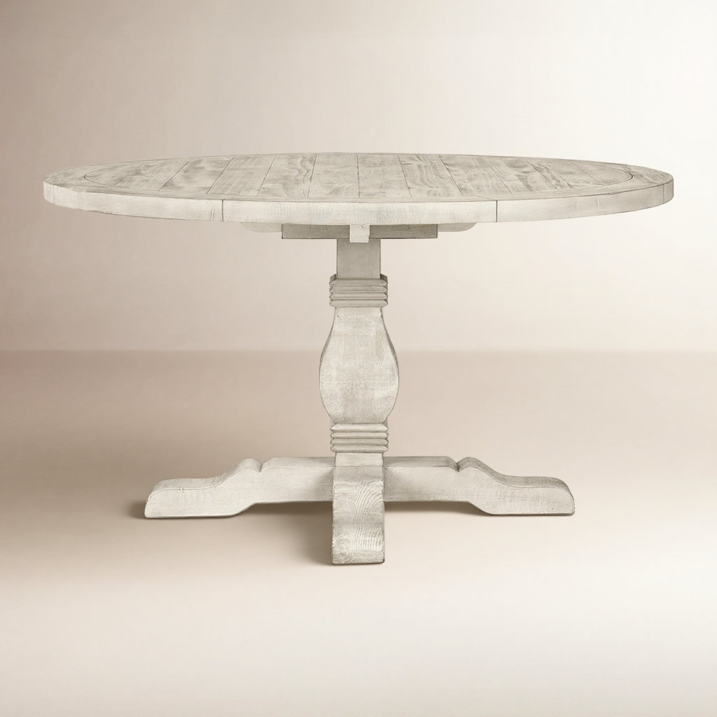 Kinston Solid Wood Pedestal Dining Table, Distressed Ivory, 55" x 55"