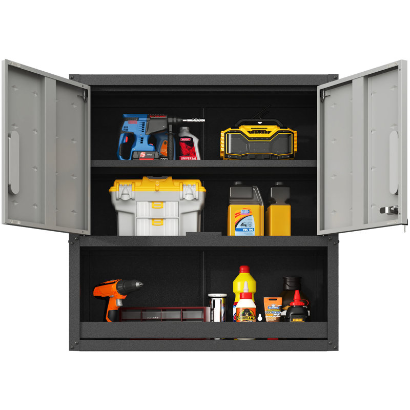 Metal Storage With Door. For Garage, Warehouse, Office. Rust And Corrosion Build Garage Warehouse Office Wall Cabinet. With Locking Door Open Drawer. , Modern Appearance