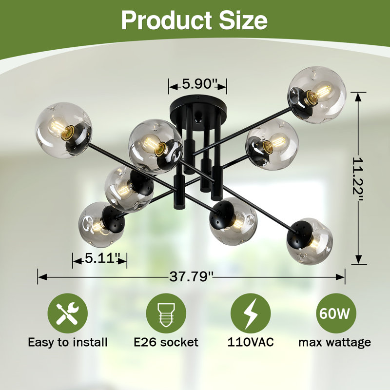 Lustre spoutnik en verre 6 lumières, 11.22" H x 37.79" W x 37.79" D, 8 Lights