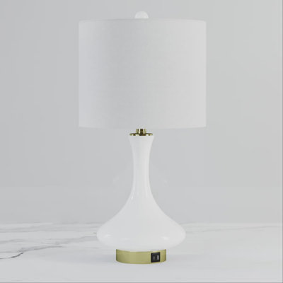 Modern Light Blue Ceramic Table Lamp with USB and Type C Ports and Pre Assembled White Linen Shade, Glossy Bedside Nightstand Light for Bedroom, E26 Socket (Bulb Not Included)