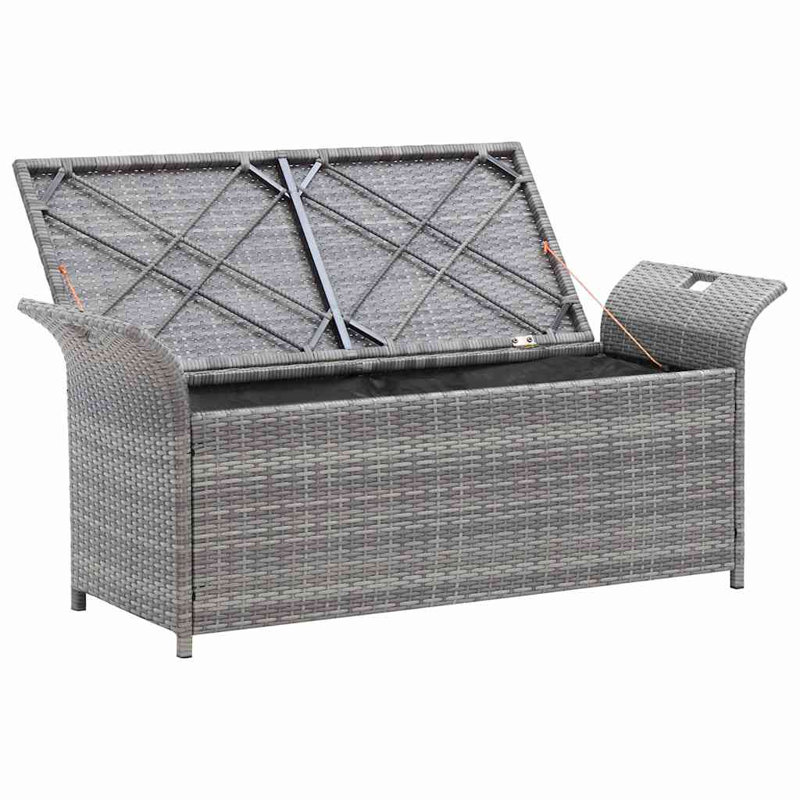 Banc de rangement en rotin PE gris de 138 cm (54,3 pouces), coussin foncé, structure en acier, revêtement imperméable, pour terrasse extérieure