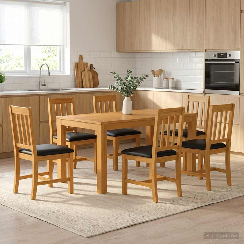 Oak Solid Wood Dining Set, 75cm H x 150cm W x 85cm D, 7