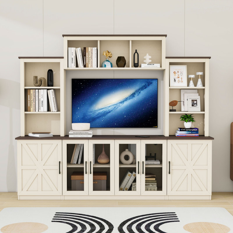 Wall Unit Entertainment Center with Charging Station & USB Ports, Open Shelves, Cabinets and Adjustable Shelves, Beige