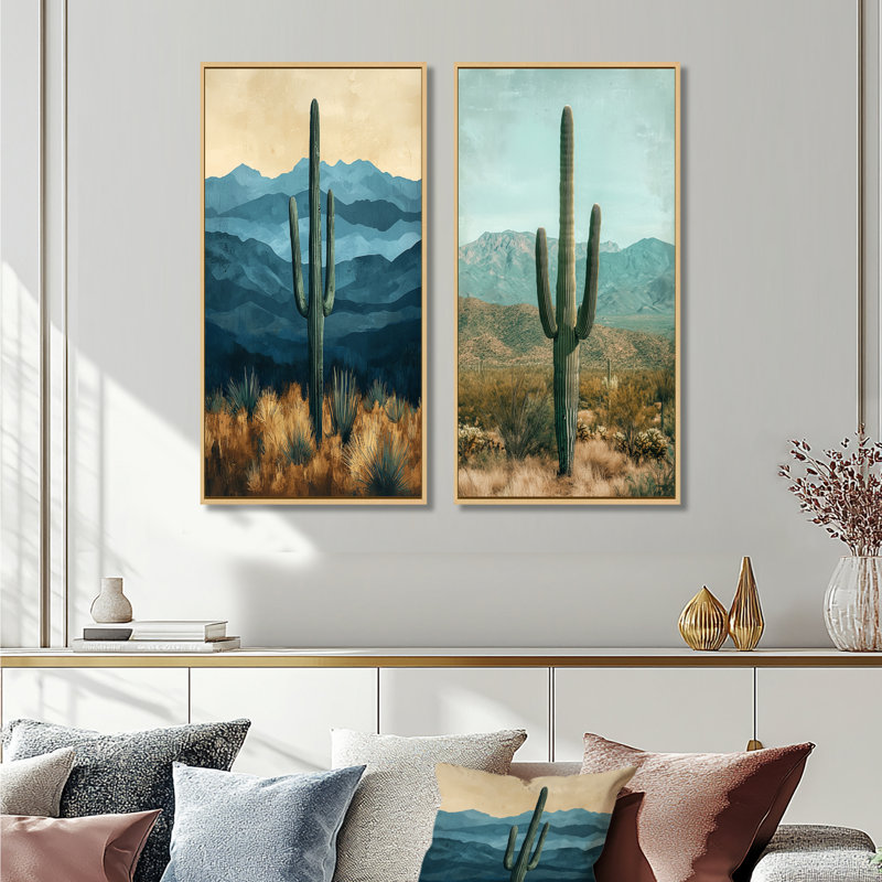 Cactus et montagnes I - Collection d'art floral sur toile 2 panneaux, H 40 po x l 41 po, Cadre crème crème