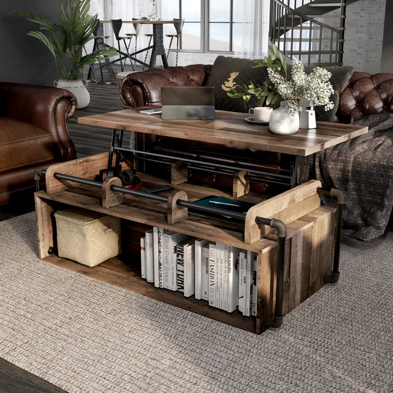 Table basse à plateau relevable avec rangement Galilhai, Brun