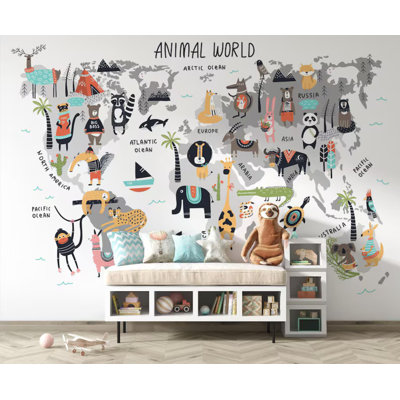Kids Animal World Map Wallpaper Educational Nursery Wall Mural
