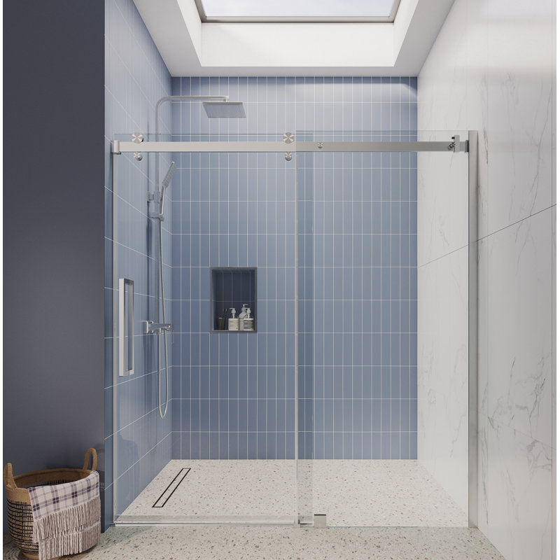 56” - 60" W x 75” H Single Sliding Frameless  Glass Shower Doors | 3/8” Thickened Clear Tempered Glass | Leak-Proof | Durable Stainless-Steel Hardware | Adjustment Uneven Walls
