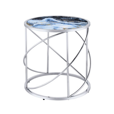 Table de bout en marbre bleu avec plateau en verre brillant et base en métal