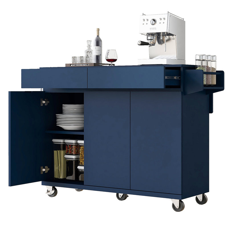 Îlot de cuisine de 53,2 po avec abattant K&K, chariot de rangement de cuisine avec support à épices, porte-serviettes et 2 tiroirs, îlot de cuisine sur roulettes avec tablettes réglables pour la cuisine, la salle à manger et le bleu marine