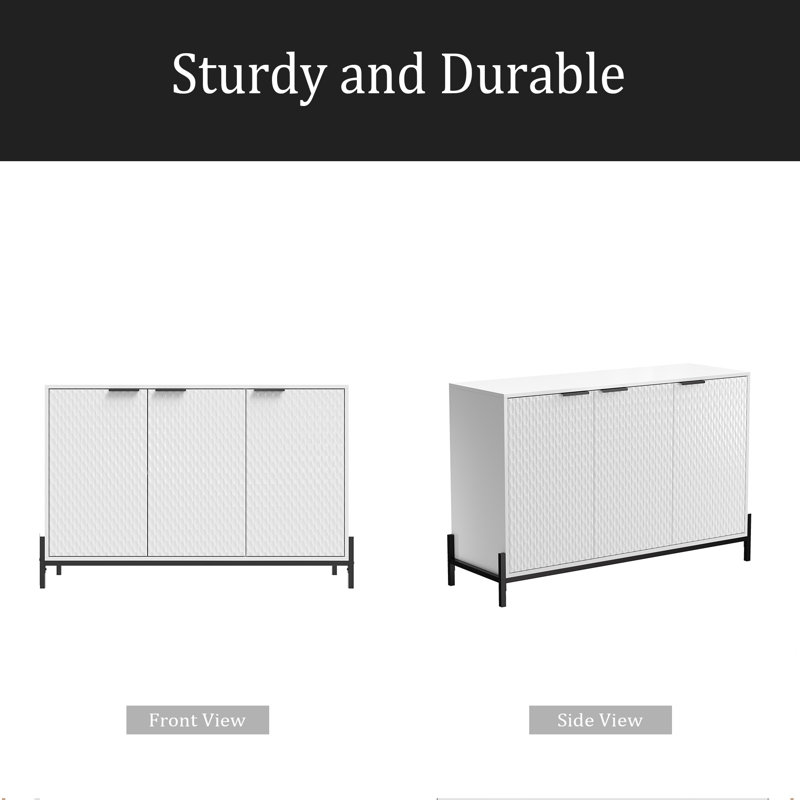 Modern High Gloss 3-Door Cabinet -Buffet Sideboard With Powder Coated Metal Feet, White