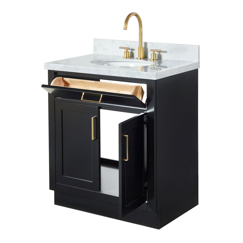 Meuble-lavabo simple en bois massif 30 po avec plateau en marbre de Carrare 1,5 po Tidworth, Ovale, Noir / laiton satiné