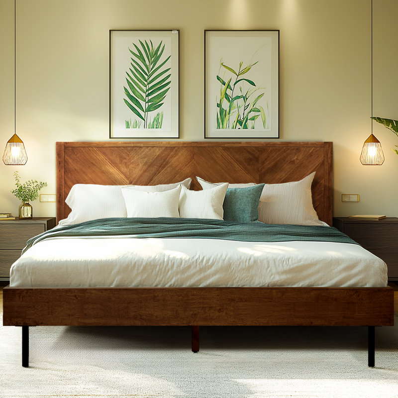 Solid King Wood Bed Frame With Headboard Platform Bed, Handcrafted Pattern, Walnut Finish Scandinavian Signature Bedroom Furniture 800 Lbs Capacity