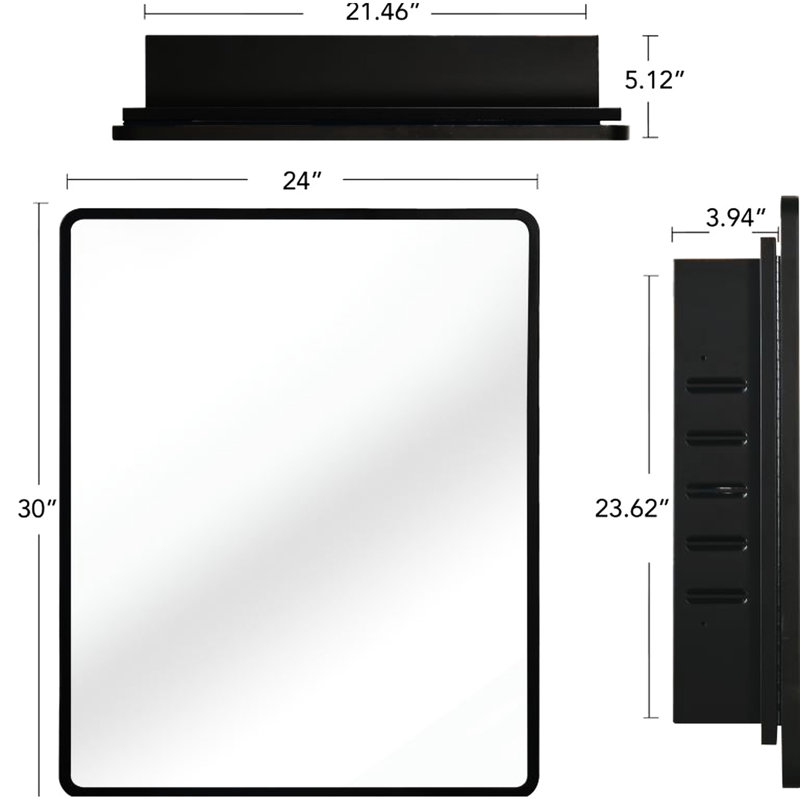 Armoire à miroir noire avec cadre en métal 24 po x 30 po - Support mural et rangement encastré pour salle de bain avec 3 tablettes réglables, verre trempé ou support