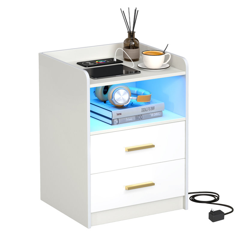 White Nightstand with Wireless Charging and LED Lights, Night Stand with 2 Drawers & Open Storage Shelf