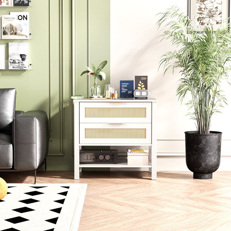 Table de chevet étroite en rotin avec 2 tiroirs et tablette de rangement Boho, White
