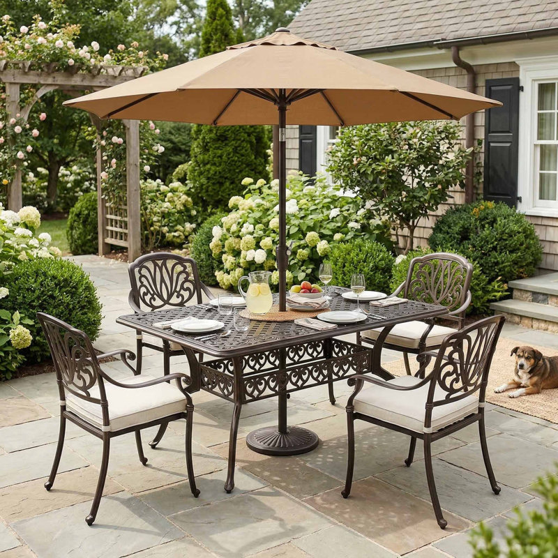 Table de salle à manger en aluminium résistante aux intempéries résistante aux égratignures 59 pouces avec trou de parasol pré-percé convenant à 6 personnes pour le jardin