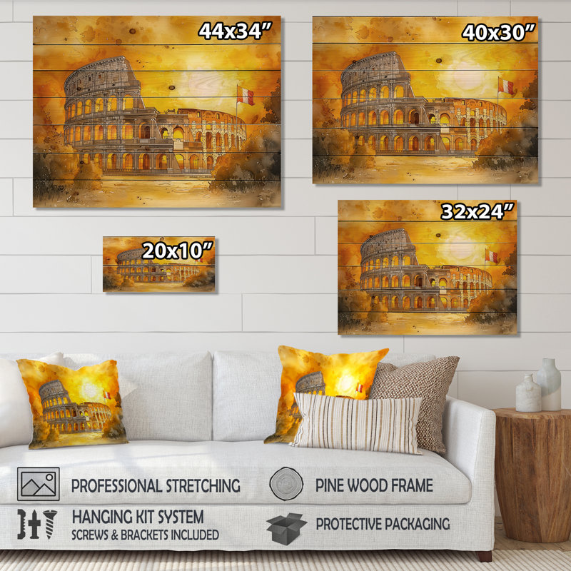 Colosseum Glow In Italy - impression sur bois - sur bois de pin naturel, H 24 po x l 32 po