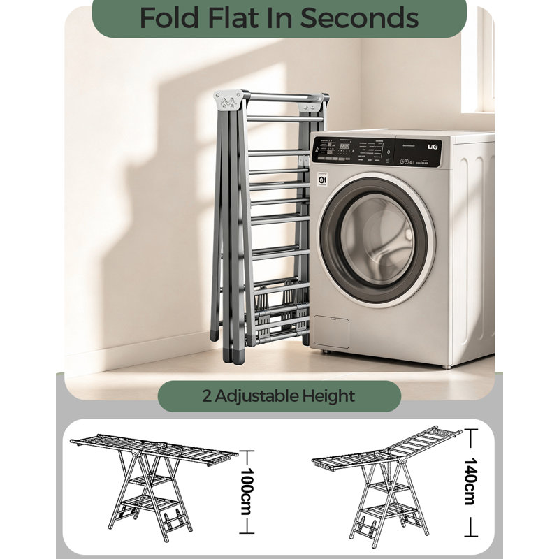 180CM Clothes Airer Foldable Clothes Horse Indoor Outdoor Laundry Drying Rack, 17 Rails Winged Airer, Grey