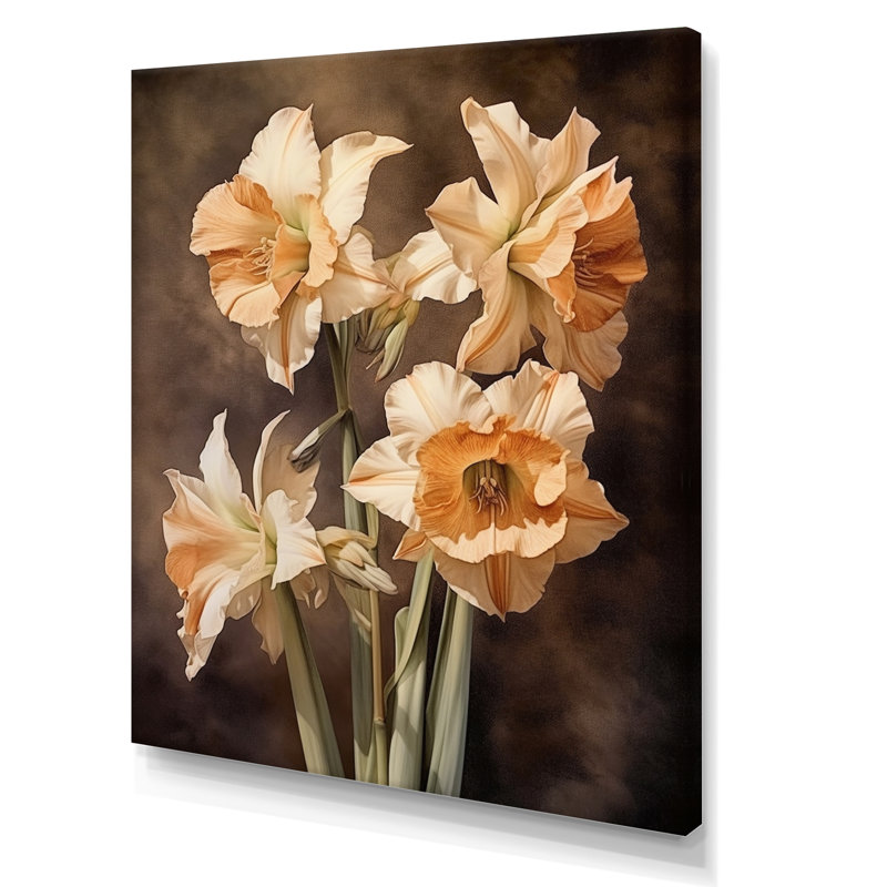 «Brown Green Daffodils Natures Impression», reproduction sur toile, H 44 po x l 34 po x P 1,5 po, Toile tendue