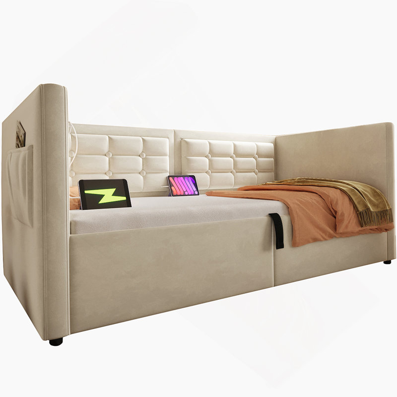 Upholstered Twin Size Daybed, Hydraulic Storage Twin Bed Frame with USB & Type-C Charging, Bed Frame with Wooden Slats and Tufted Sofa Back (Without Mattress)
