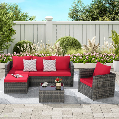 Ensemble de mobilier de patio 3 pièces, ensemble modulaire en L tissé pour l'extérieur, ensemble de conversation en osier avec canapé simple, chaise longue et table basse détachables pour la piscine