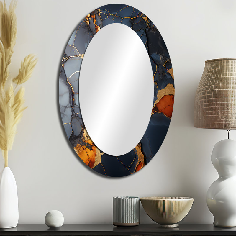Grey And Gold Abstract Marble Granite IV - Modern Oval Wall Mirror, 36" H x 24" W