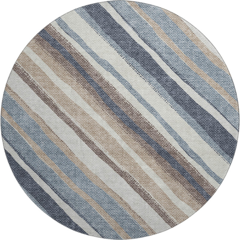 Premium Machine Washable Mayfield AMF2282 Striped Rug, Denim, 8' Round